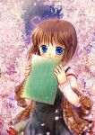  1girl blue_eyes brown_hair cherry_blossoms flower hinokami_sakura kanon misaka_shiori shawl short_hair sketchbook 