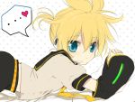  1boy bad_id blonde_hair blue_eyes caterpillar_(artist) detached_sleeves headphones headset heart kagamine_len lying male necktie on_stomach polka_dot polka_dot_background ponytail short_hair shorts solo spoken_heart symbol-shaped_pupils vocaloid 