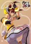  bare_shoulders brown_hair chibi elbow_pads fingerless_gloves glasses gloves hoodie ling_xiaoyu looking_back namco panda panda_(tekken) piro_(artist) solo tekken tekken_3 tekken_4 tongue twintails 