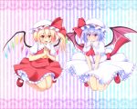  2girls absurdres bat_wings blonde_hair blue_hair blush flandre_scarlet hat hat_ribbon highres multiple_girls red_eyes remilia_scarlet rena_(riries) ribbon short_hair siblings side_ponytail sisters skirt skirt_set touhou wings 