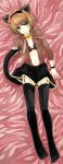  :&lt; alternate_costume angry animal_ears blush bra brown_hair fake_animal_ears garters green_eyes highres jewelry lingerie lying miniskirt navel necktie open_clothes open_shirt rita_mordio shirt skirt solo tail tales_of_(series) tales_of_vesperia thighhighs underwear 