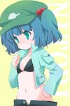  blue_hair bra bust flat_chest green_eyes hair_bobbles hair_ornament hand_on_hip hat ica kawashiro_nitori lingerie midriff mound_of_venus navel no_shirt open_clothes open_jacket open_shirt solo touhou twintails underwear 