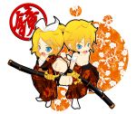  akira_(pixiv274994) blonde_hair blue_eyes chibi gekokujou_(vocaloid) hair_ornament hair_ribbon hairclip japanese_clothes kagamine_len kagamine_rin katana kimono ribbon sarashi short_hair siblings sword twins vocaloid weapon 