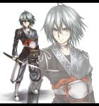  glasses katana letterboxed morichika_rinnosuke short_hair silver_hair solo sword takemori_shintarou touhou weapon yellow_eyes zoom_layer 