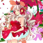  bare_shoulders breasts cleavage cocktail_dress dress face flower frills hair_flower hair_ornament idolmaster large_breasts long_hair lowres open_mouth petals purple_eyes shijou_takane silver_hair solo taira_tsukune very_long_hair violet_eyes wind 