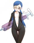  arms_behind arms_behind_back blue_eyes bodysuit brown_eyes center_opening glasses kazaana large_syringe long_hair navel original oversized_object syringe thigh_gap tongue twintails unzipped wide_hips wink young 