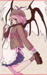  1girl apron bird_wings blue_skirt blush_stickers brown_scarf contemporary from_side hand_on_own_chest hat hood hood_down hoodie looking_at_viewer mystia_lorelei one_leg_raised oshouyu_tabetai outstretched_arm pink_hair reaching scarf shoes short_hair sketch skirt solo touhou wings 