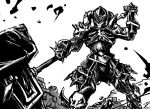  blood blood_spatter blood_splatter fantasy_earth_zero full_armor gauntlets greaves helmet horns monochrome pauldrons ruins urokozuki visor_(armor) warhammer weapon 