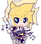  blonde_hair blue_eyes chibi crazy_developers fang instrument kagamine_len keyboard keyboard_(instrument) male musical_note necktie short_hair shorts smile solo vocaloid 