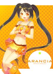  arancia bad_id bare_shoulders black_hair character_name food fruit holding holding_fruit long_hair midriff miniskirt mound_of_venus navel orange orange_(color) orange_background orange_dress orange_eyes original polka_dot polka_dot_background renta skirt twintails 