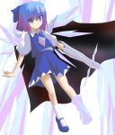  asymmetrical_clothes blue_eyes blue_hair bow cape cirno cosplay hair_bow ice mismatched_footwear okumari reiuji_utsuho reiuji_utsuho_(cosplay) solo touhou wings 
