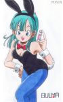  blue_eyes bulma bunny_outfit dragonball green_hair long_hair smile 