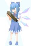  blue_eyes blue_hair bow cirno hair_bow okumari surprise surprised touhou weapon wings 