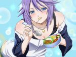  bare_shoulders blue_eyes food mouth_hold purple_hair rosario+vampire shirayuki_mizore skirt spoon striped striped_thighhighs thigh-highs 
