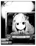  1girl :3 bangs beret cardigan empty_eyes eyebrows_visible_through_hair greyscale hat hatyuuruinohito lamp looking_at_viewer monochrome nijisanji smile solo suzuhara_lulu television videocassette virtual_youtuber 