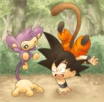  1boy aipom black_hair crossover dragonball handstand makumaku pokemon pokemon_(creature) smile son_goku tail wink 