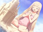  beach blonde_hair blush closed_eyes dutch_angle fault!! flower frilled_swimsuit frills game_cg hair_flower hair_ornament hands_clasped happy hayama_rika long_hair one-piece one-piece_swimsuit sand_castle sitting smile solo swimsuit taka_tony very_long_hair wariza 