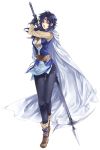 1girl blue_eyes blue_hair boots cape circlet female full_body gensou_suikoden gensou_suikoden_ii gloves holding holding_weapon long_hair long_sleeves lorelai parted_bangs polearm potassium77 scythe simple_background solo suikoden suikoden_ii weapon white_background