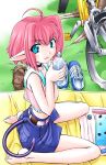  barefoot belt bicycle blanket blue_eyes bob_cut bottle camisole choker demon_girl denim denim_shorts feet grass midriff nakajima_rei outside pink_hair pointy_ears sandals shoes short_hair shorts sneakers soles tail toes water_bottle 