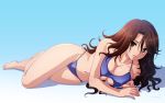  bikini breasts brown_hair cleavage gundam gundam_00 huge_breasts lying simple_background sumeragi_lee_noriega swimsuit tadano_akira 