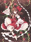  ankle_cuffs barefoot bow brown_hair detached_sleeves embellished_costume face feet flower frills gohei hair_bow hakurei_reimu jewelry lace long_hair ofuda red_eyes solo tarot tearfish touhou 