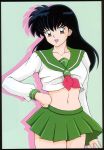  black_hair higurashi_kagome inuyasha legs long_hair midriff miniskirt navel school_uniform schoolgirl skirt smile 