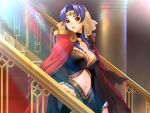  breasts cape cleavage dress furea game_cg huge_breasts large_breasts midriff queen_bonjourno red_eyes sano_toshihide stairs 