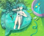  *kekan aqua_eyes aqua_hair bad_id barefoot eating from_above grass hatsune_miku highres keipomjp kekan knees_on_chest long_hair lying on_back pool shorts solo twintails vocaloid 
