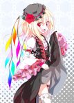  dress dress_lift flandre_scarlet flower garters gothic_lolita hat lolita_fashion red_eyes rose short_hair solo touhou usotsukiya wings 