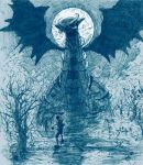  blue dragon epic fog full_moon giratina graveyard monochrome moon night pixiv pokemon pokemon_(game) pokemon_dppt toi_(number8) tombstone tree wings 