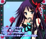  1girl akiyama_mio blue_eyes blush don&#039;t_say_&quot;lazy&quot; don&#039;t_say_lazy elbow_gloves fingerless_gloves flower gloves hat k-on! microphone microphone_stand mini_top_hat moekibara_fumitake purple_hair ribbon scanlines singing solo strap_slip striped striped_gloves top_hat 