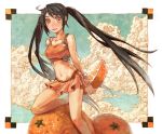  arancia bare_shoulders black_hair cloud clouds food fruit isakawa_megumi long_hair midriff miniskirt navel orange orange_dress orange_eyes original skirt twintails 