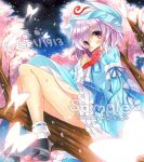  1girl artist_name butterfly cell1913 cherry_blossoms fan hat japanese_clothes petals pink_hair ribbon saigyouji_yuyuko sample short_hair sitting solo touhou triangular_headpiece 