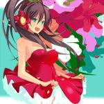  bare_shoulders black_hair breasts cocktail_dress dress face flower frills ganaha_hibiki hair_flower hair_ornament happy idolmaster large_breasts long_hair lowres petals ponytail solo taira_tsukune wind 