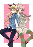  animal_ears as-special blonde_hair blue_eyes blush braid cat_ears cat_tail glasses hand_holding hands highres holding_hands legs lynette_bishop multiple_girls necktie no_pants open_mouth pantyhose perrine_h_clostermann satou_atsuki strike_witches striped striped_legwear striped_thighhighs tail thigh-highs thighhighs yellow_eyes 