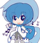  blue_eyes blue_hair chibi crazy_developers fang headphones headset kaito male musical_note scarf short_hair smile solo vocaloid 