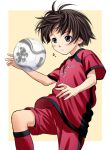  androgynous antenna_hair ball black_hair idolmaster kikuchi_makoto nekopuchi playing_sports raglan_sleeves reverse_trap short_hair simple_background soccer soccer_ball soccer_uniform solo sport tomboy 