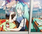  aqua_hair classroom eating food food_on_face hatsune_miku highres long_hair lunch rice school_uniform twintails vocaloid yosshii 