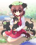  :&lt; ^_^ angry animal_ears brown_hair cat cat_ears cat_tail chen closed_eyes earrings fangs hat highres jewelry kasane multiple_tails ribbon short_hair single_earring sparkle tail tail_ribbon touhou |_| 