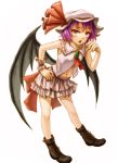 annoyed bad_id bat_wings boots cross-laced_footwear face fang hand_on_hip kurione_(pixiv) kurione_(zassou) lace-up_boots leaning_forward legs midriff navel open_mouth purple_hair raised_eyebrow red_eyes remilia_scarlet short_hair simple_background solo touhou wings 