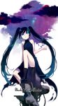  black_hair black_rock_shooter black_rock_shooter_(character) blue_eyes boots cloud clouds long_hair manle twintails 