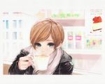  blue_eyes brown_hair cafe cake coffee cup drinking food pastry red_hair redhead scarf short_hair solo stare 