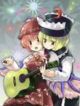  acoustic_guitar animal_ears bad_id blonde_hair guitar hat hitoshise instrument lunasa_prismriver multiple_girls mystia_lorelei pink_hair plectrum red_eyes short_hair touhou wings yellow_eyes 