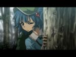  anime_coloring backpack bag blue_eyes blue_hair close-up forest hair_bobbles hair_ornament hat highres hyuuga_azuri kawashiro_nitori letterboxed nature outdoors peeking peeking_out raised_eyebrow short_hair short_twintails solo squinting touhou tree twintails uneven_eyes wallpaper 