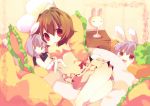  ana_(rznuscrf) animal_ears bed blush brown_hair bunny_ears bunny_tail character_doll child doll inaba_tewi lamp legs looking_back pillow purple_hair rabbit_ears red_eyes reisen_udongein_inaba tail thighs touhou yukkuri_shiteitte_ne 