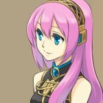  blue_eyes face headphones lastswallow long_hair lowres megurine_luka pink_hair simple_background smile solo vocaloid 