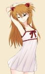  arms_behind_head arms_up blue_eyes brown_hair chan_co chemise evangelion:_2.0_you_can_(not)_advance hair_ornament long_hair neon_genesis_evangelion orange_hair rebuild_of_evangelion see-through shikinami_asuka_langley simple_background solo souryuu_asuka_langley stretch thigh_gap wink 