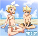 beach bikini blanket blonde_hair blue_eyes blush bracelet brother_and_sister crossed_legs flat_chest hair_ornament hairband hairclip hikari. indian_style jewelry kagamine_len kagamine_rin midriff polka_dot polka_dot_bikini polka_dot_swimsuit project_diva short_hair siblings sitting swimsuit twins vocaloid water 