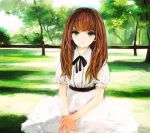  bow brown_hair dress faux_traditional_media freckles hands_clasped long_hair nature outdoors outside ribbon sad sitting solo stare tree 