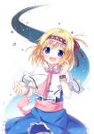  1girl alice_margatroid blonde_hair blue_dress blue_eyes capelet dress hairband highres lolita_hairband looking_at_viewer mitsuki necktie open_mouth outstretched_arm outstretched_hand sash shirt smile solo star touhou wrist_cuffs 
